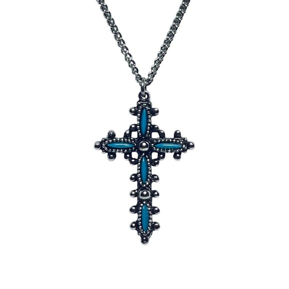 Silver Tone Curb Chain Necklace With Faux Turquoise Cross Pendant (5683) - Picture 2 of 8